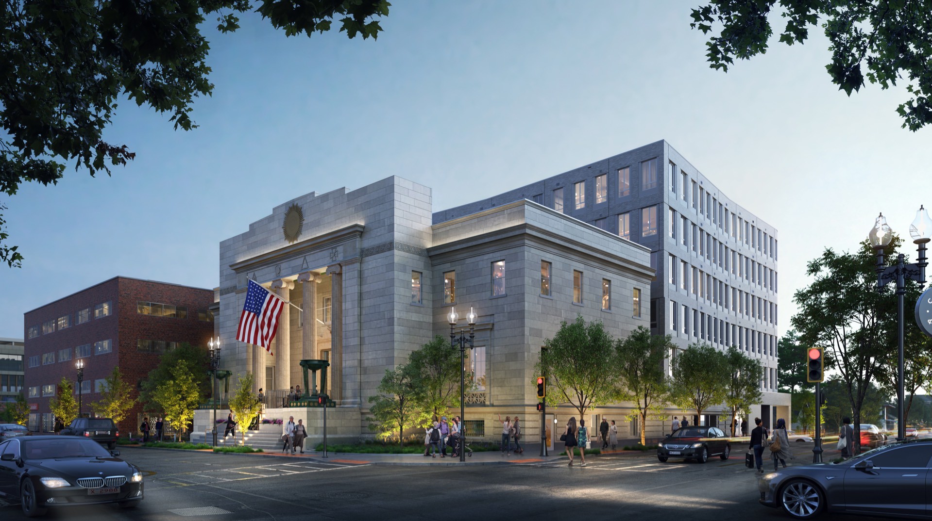 Exterior rendering Masonic temple Dusk