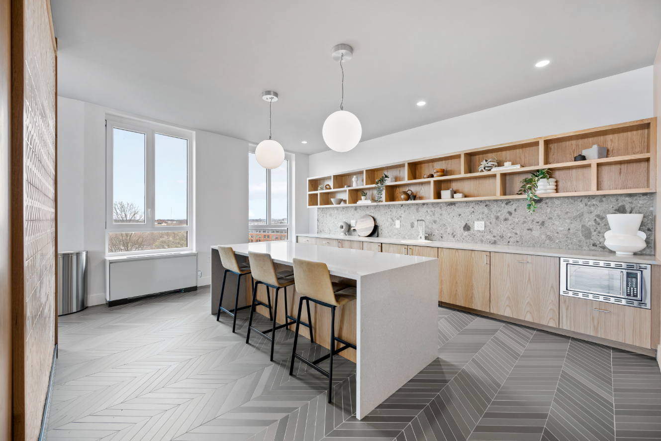 Chef's kitchen with modern appliances.