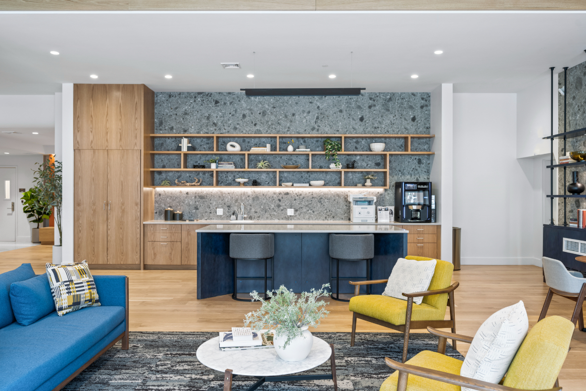 Cozy kitchen and coffee bar for socializing.
