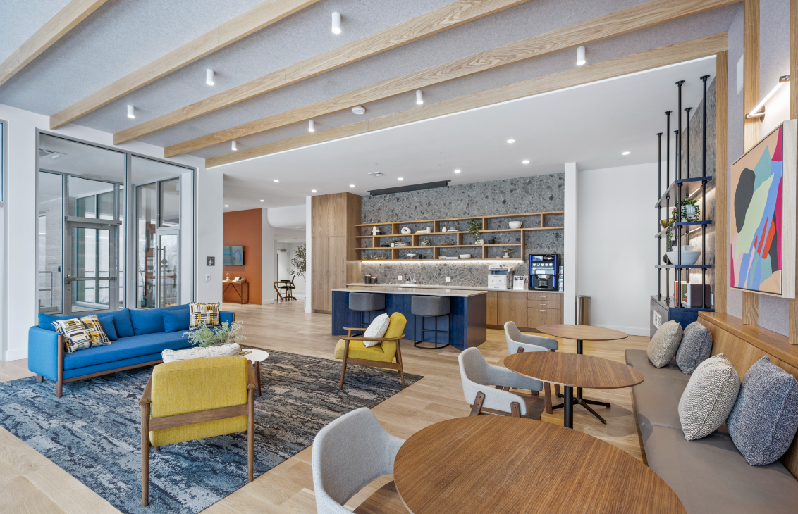Vibrant productivity lounge with modern decor.