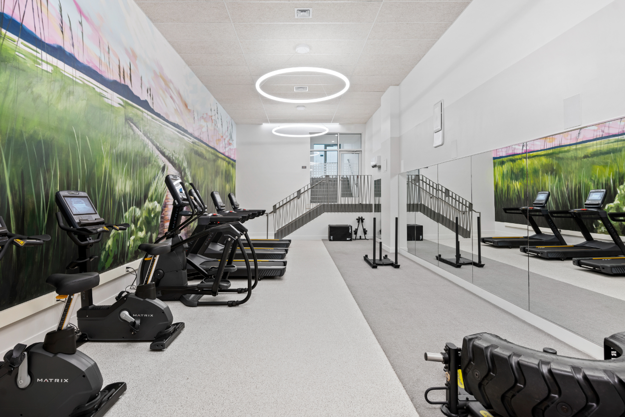 Stylish fitness sanctuary with workout equipment.
