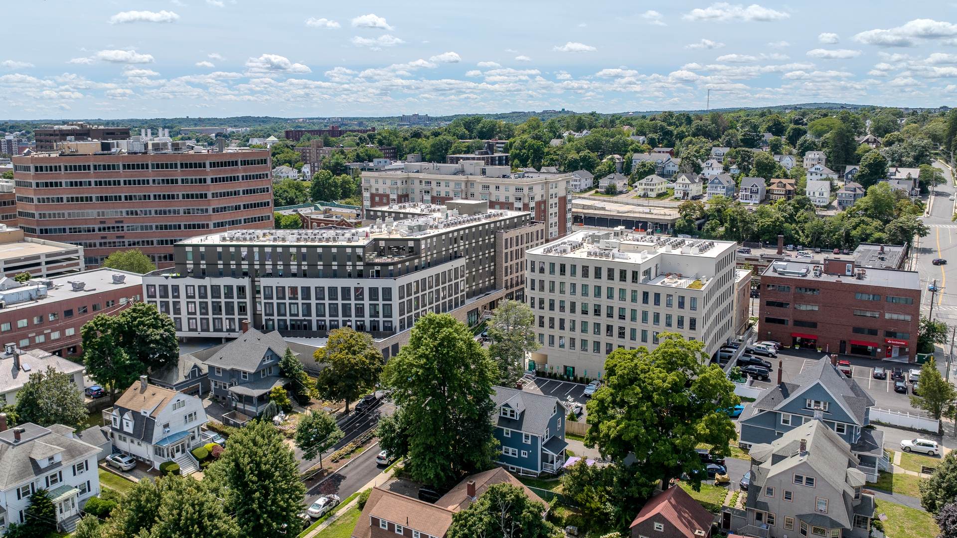 Aerial view of Center & Stone and its surrounding neighborhood.