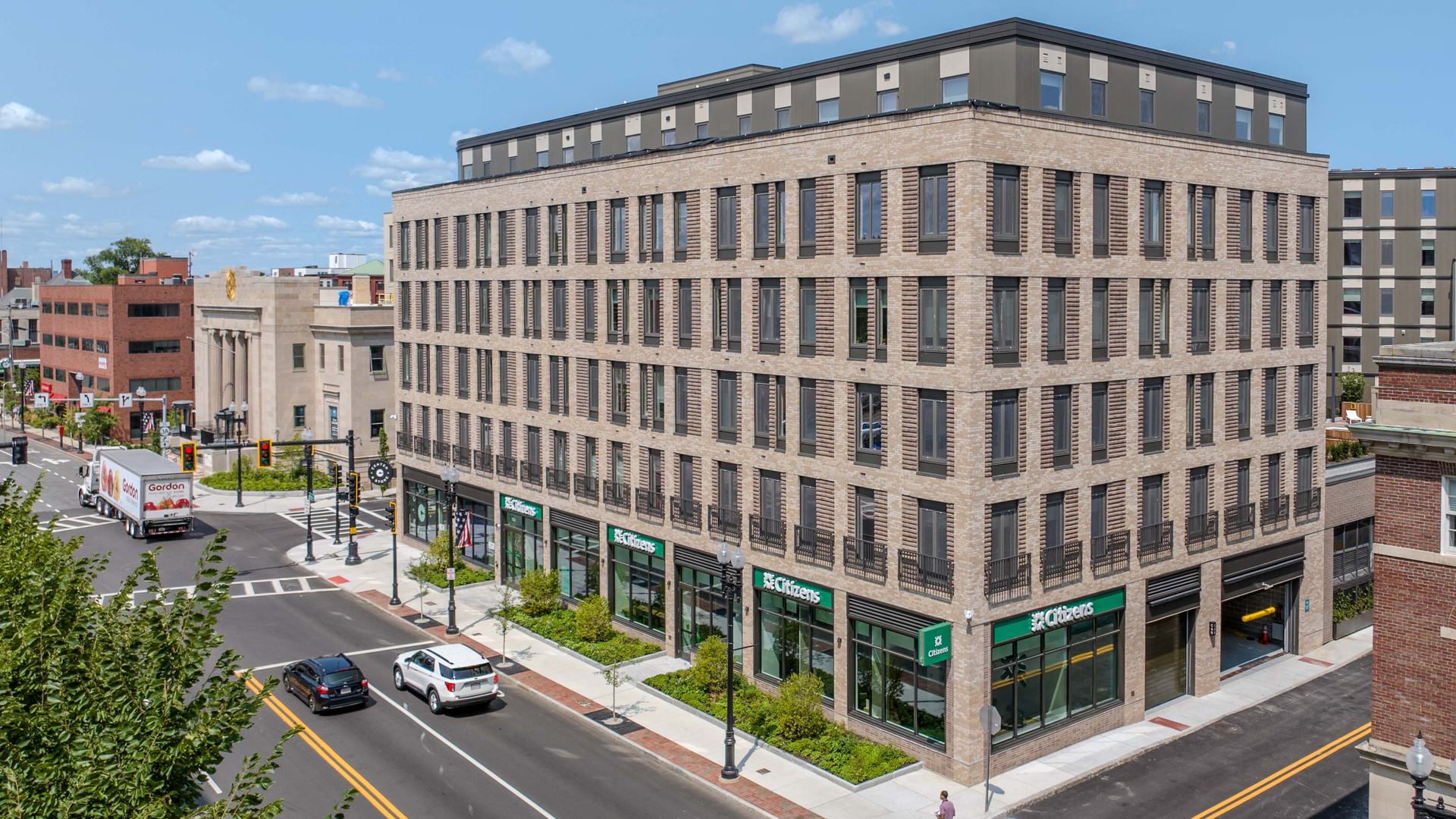 Street-level view showcasing Center & Stone’s architecture.