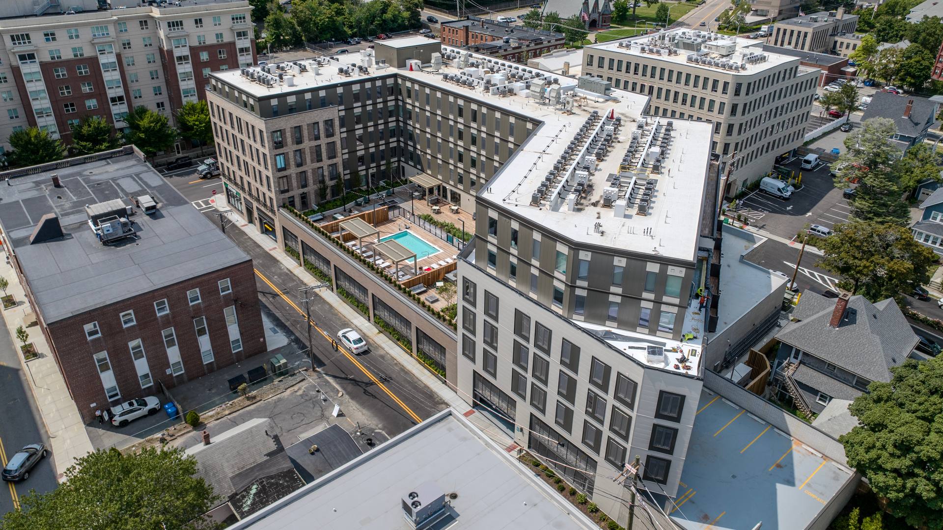 Bird’s-eye view of the pool and courtyard at Center & Stone.