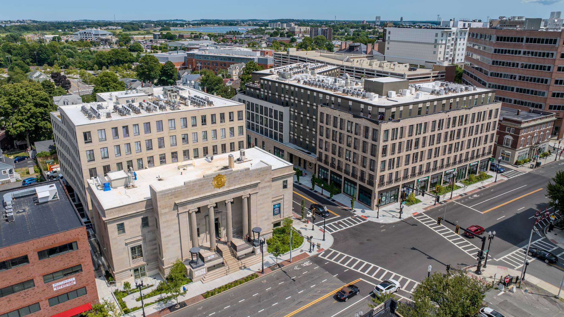 Exterior view of Center & Stone’s modern buildings.